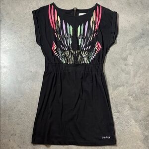 Billabong Black Dress with Colorful Feather Design L